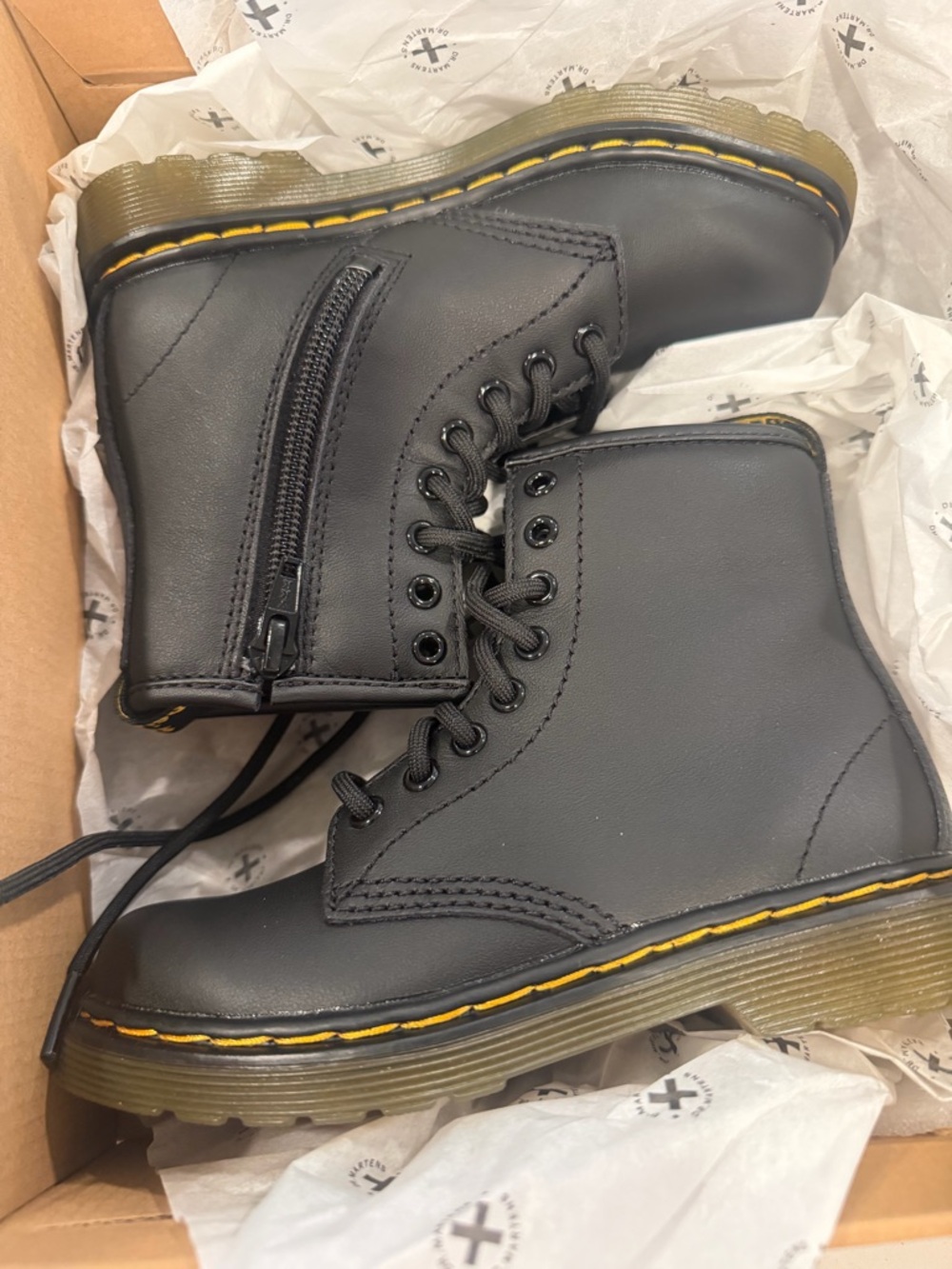 Dr. Martens Kids Black Leather Lace-Up Zip Boots with Yellow Stitching